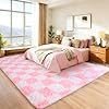 Area Rugs for Living Room Bedroom 9×12, Ultra Fluffy Shag Checkered Rug Modern Washable Carpet Soft Shaggy Non Slip Indoor Plush Fuzzy Rugs for Bedroom Dorm Office Home Aesthetic Decor, Pink and White - Image 2