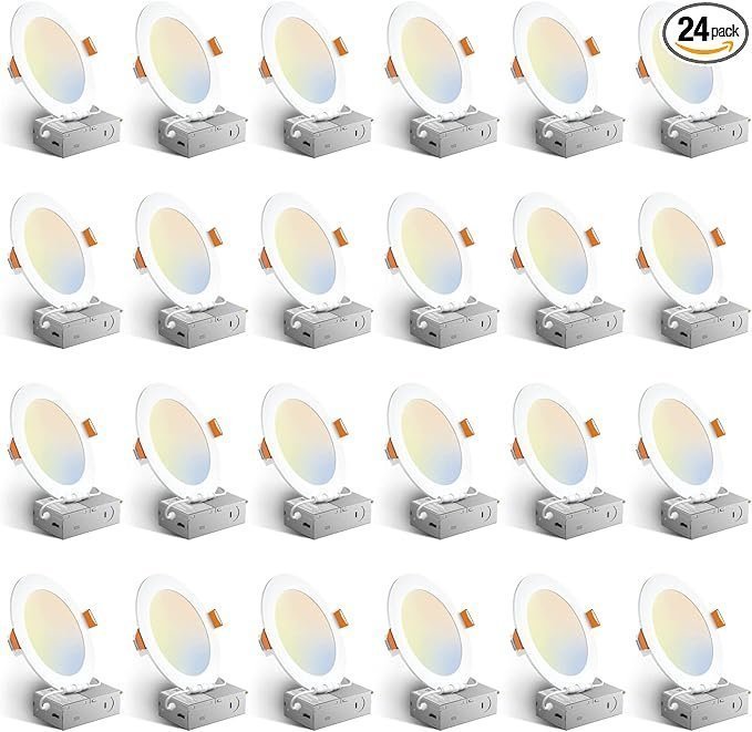 Amico 24 Pack 6 Inch 5CCT Ultra-Thin LED Recessed Ceiling Light with Junction Box, 1050LM Brightness, Dimmable Canless Wafer Downlight, 12W, ETL&FCC