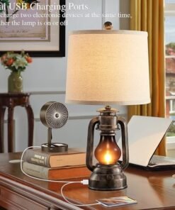 RORIANO Farmhouse Lantern Table Lamps for Living Room Set of 2, Vintage Bedroom Resin Lamp with Dual USB Charging Ports, Rustic Retro Bedside Nightstand Desk Lamp, 4 Bulb Included