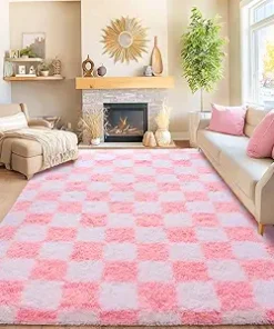 Area Rugs for Living Room Bedroom 9×12, Ultra Fluffy Shag Checkered Rug Modern Washable Carpet Soft Shaggy Non Slip Indoor Plush Fuzzy Rugs for Bedroom Dorm Office Home Aesthetic Decor, Pink and White