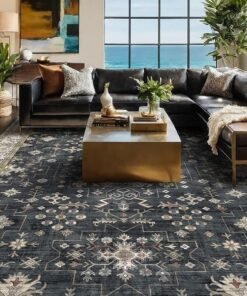 Black Farmhouse Washable 8×10 Area Rugs for Living Room, Bedroom, Dining Room Kitchen Table Rug for Under Table, Office, Dark Charcoal Tumble Stain Resistant Non-Slip Large Washable (8×10 Black/Multi)